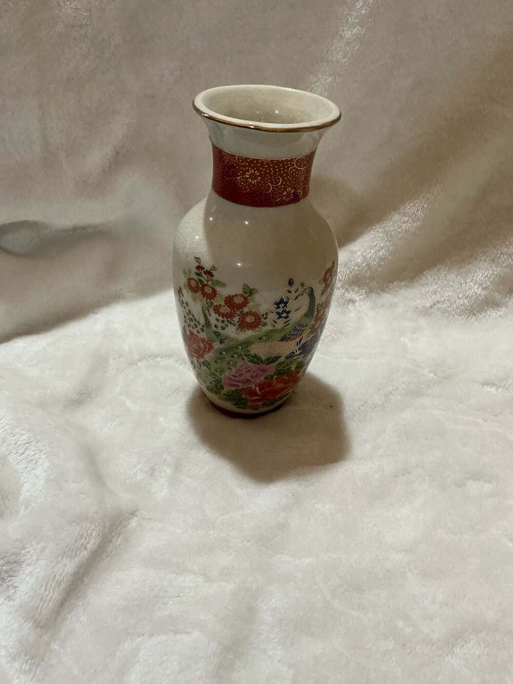 Vintage Japanese Satsuma Crackle Glaze Ceramic Vase with Floral &  Peacock Motif